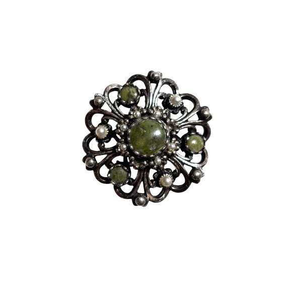 Vintage Miracle Celtic Style Brooch Pin With Faux Pearls & Green Stones - Picture 1 of 8